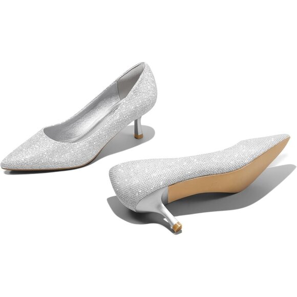 Women's Silver Pumps 2 inch Kitten Heel Pointed Toe Low Heel Dress Shoes - Picture 4 of 7